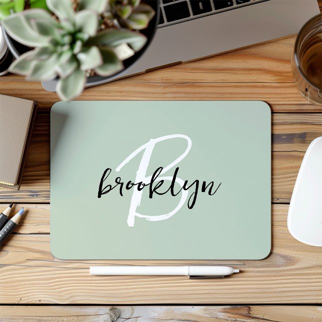 Trendy Sage Green Black White Script Monogram  Mouse Pad (Creator Uploaded)