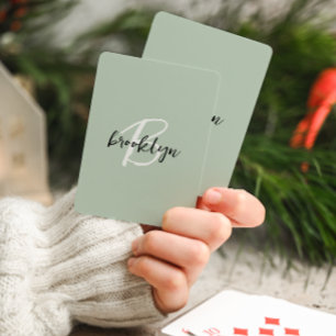 Trendy Sage Green Black White Script Monogram Playing Cards