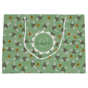 Trendy Sage Green Buzzing Honeybee for Summer Large Gift Bag