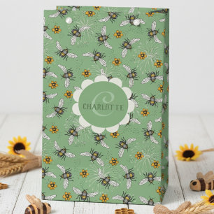Trendy Sage Green Buzzing Honeybee for Summer Small Gift Bag