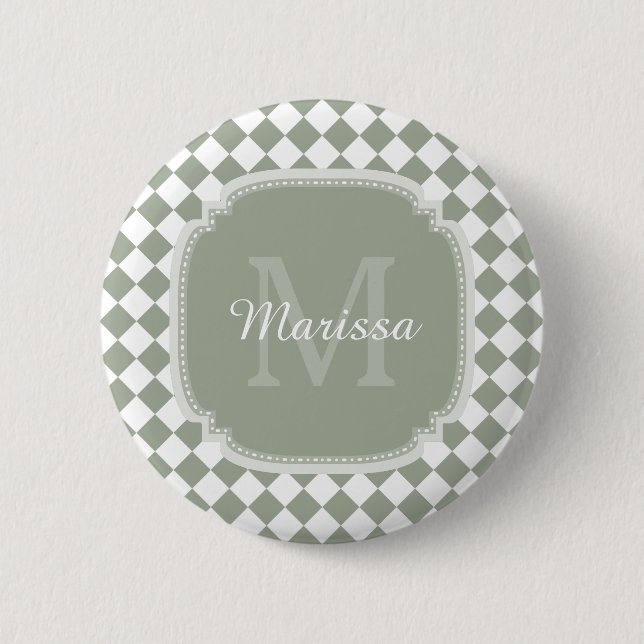 Trendy Sage Green Checked Monogrammed Name 6 Cm Round Badge (Front)