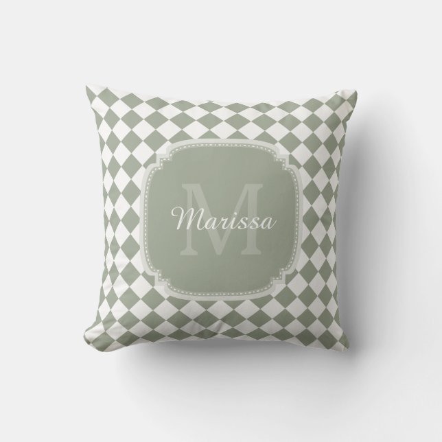 Trendy Sage Green Checked Monogrammed Name Cushion (Front)
