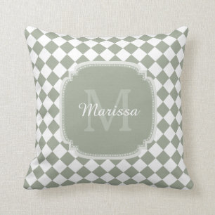 Trendy Sage Green Checked Monogrammed Name Cushion