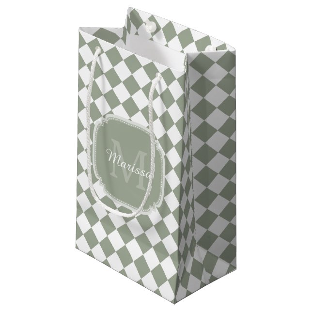 Trendy Sage Green Checked Monogrammed Name Small Gift Bag (Front Angled)