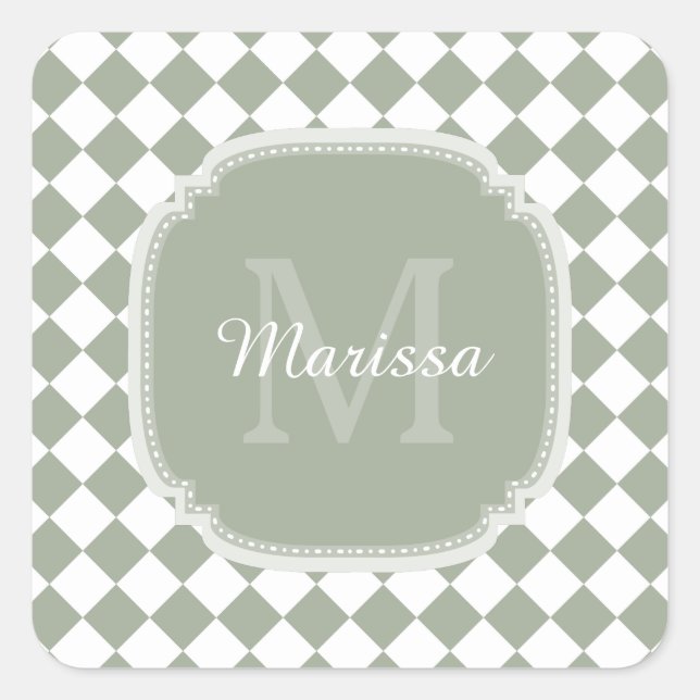 Trendy Sage Green Checked Monogrammed Name Square Sticker (Front)