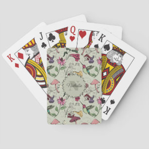 Trendy Sage Green Flowers & Hummingbird Monogram Playing Cards