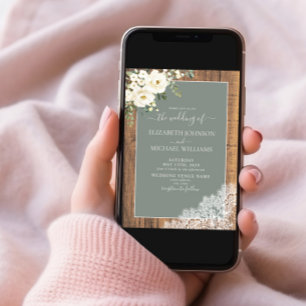 Trendy Sage Green Rustic Wood Script Lace Wedding Invitation