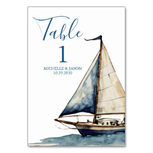 Trendy Sailboat Nautical Watercolor Wedding  Table Number