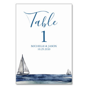 Trendy Sailboat Nautical Watercolor Wedding  Table Number