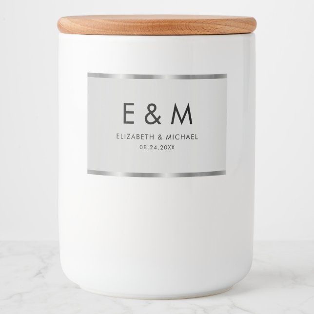 Trendy Save the Date Monogram Text Elegant Silver Food Label (Front)
