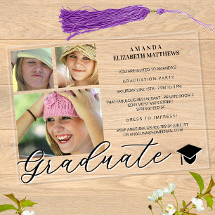 Trendy Script 3 Photo Black And White Graduation Acrylic Invitations