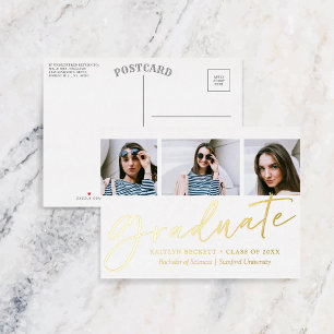 Trendy Script 3 Photo Graduation Real Foil Invitation Postcard
