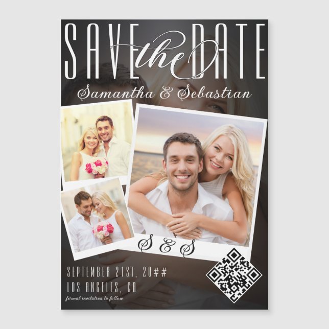 Trendy Script 3 Photo Modern QR Code Save The Date Magnetic Invitation (Front)