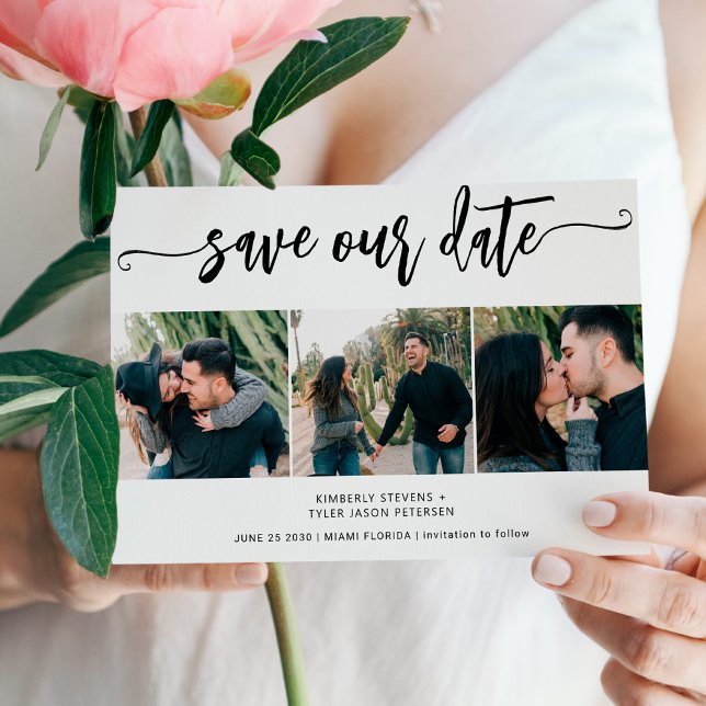 Trendy script 3 photo modern wedding save the date (Creator Uploaded)