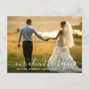 Trendy Script Adventure Begins Wedding Thank You Postcard