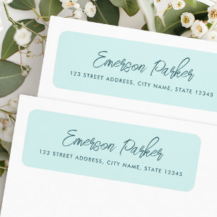 Trendy script aqua blue return address return address label