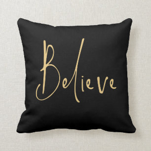 Trendy Script Believe Christmas Gold Black Cushion