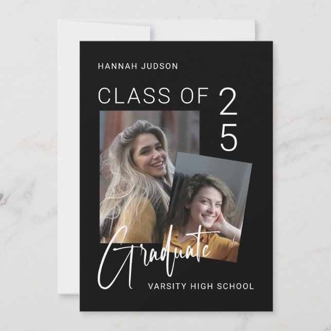 Trendy Script Black 2 Photos Graduation Party Invitation (Front)