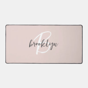 Trendy Script Blush Pink Grey Monogram Name Desk Mat