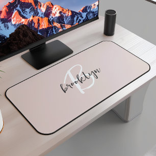 Trendy Script Blush Pink Grey Monogram Name Desk Mat