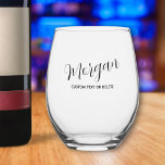 Trendy Script Calligraphy Personalised Custom Stemless Wine Glass<br><div class="desc">Personalise this beautiful wine glass with a name,  monogram or truly any custom text. Makes the perfect wedding party gift,  birthday gift,  hostess or housewarming gift or give as a unique everyday gift. So easy to customise as you can easily change the text colour to suit your style.</div>
