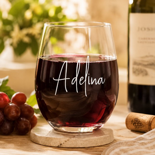Trendy Script Custom Name Wedding Bridesmaid Favou Stemless Wine Glass (Creator Uploaded)