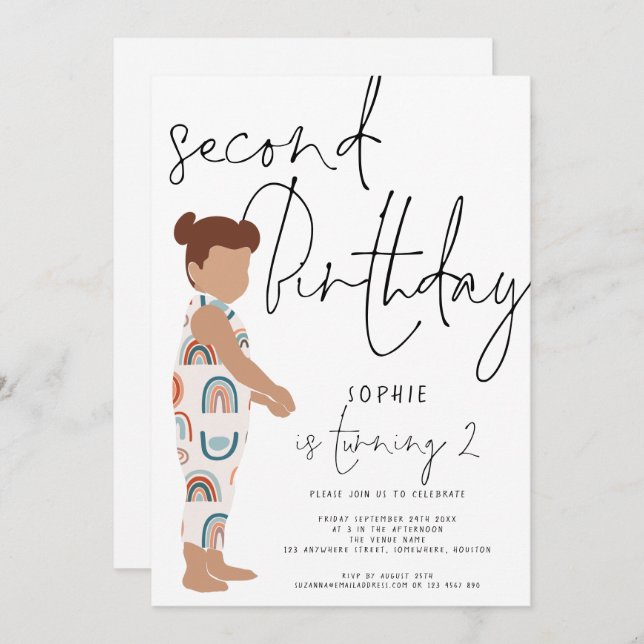 Trendy Script Girl Rainbows 2nd birthday Invitation (Front/Back)