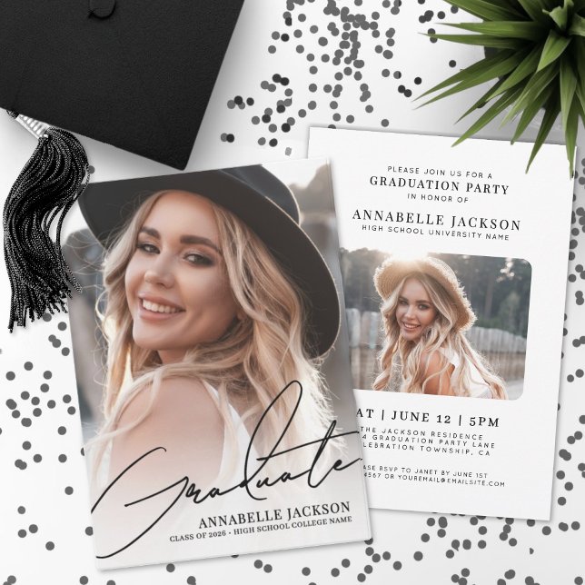 Trendy Script Graduate Simple Photo Graduation Invitation (Trendy Script Graduate Simple Photo Graduation Invitation)