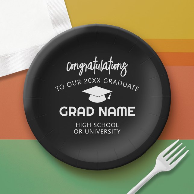 Trendy Script Graduation Party - Black Paper Plate (Custom Graduation Paper Plate)