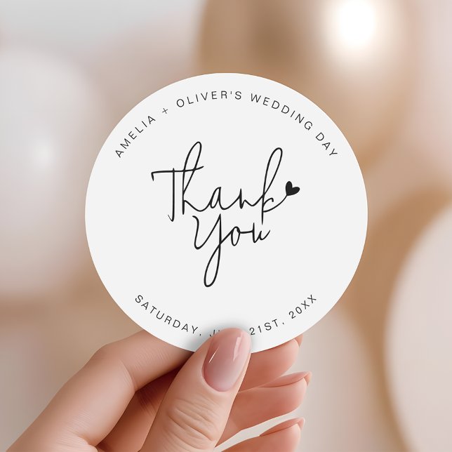 Trendy Script Heart Thank You Wedding Favor Classic Round Sticker (Creator Uploaded)