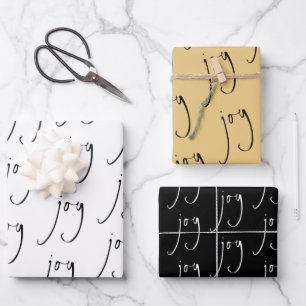 Trendy Script Joy Pattern Gold Black White Wrapping Paper Sheet