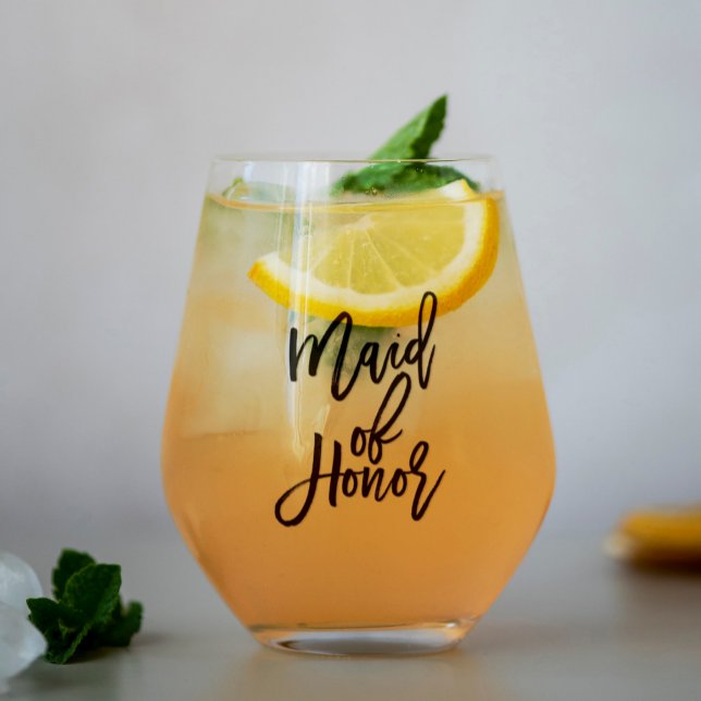 Trendy Script "Maid of Honour" Personalised Stemless Wine Glass (Creator Uploaded)