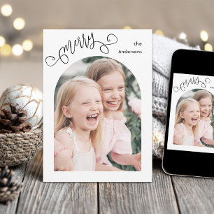 Trendy Script Merry Simple Arched Photo Christmas Holiday Card
