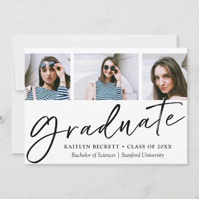 Trendy Script Minimalist 3 Photo Graduation Announcement (Front)