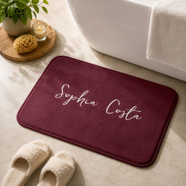 Trendy Script Modern Custom Signature Name Red Bath Mat (Creator Uploaded)