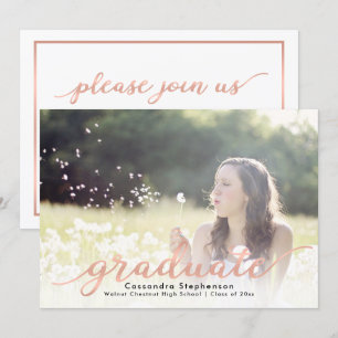 Trendy Script Modern Rose Gold Photo Graduation Invitation