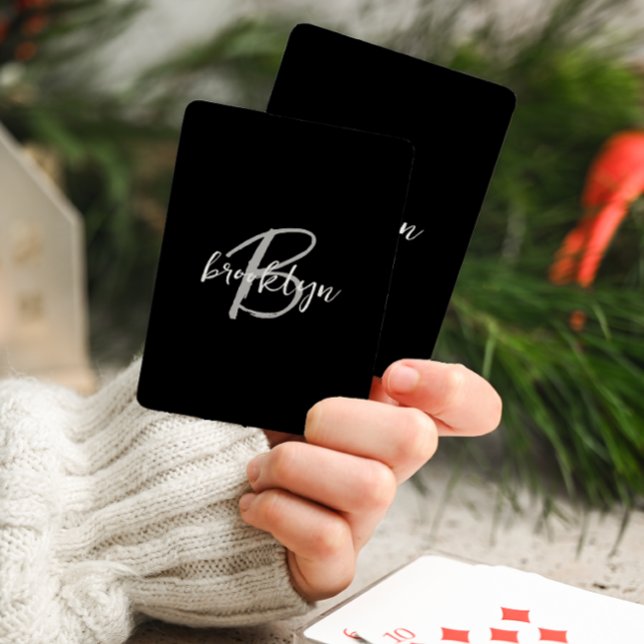 Trendy Script Monogram Black Grey White Playing Cards (Creator Uploaded)