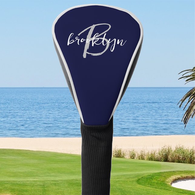 Trendy Script Monogram Navy Blue Grey White Golf Head Cover (Creator Uploaded)