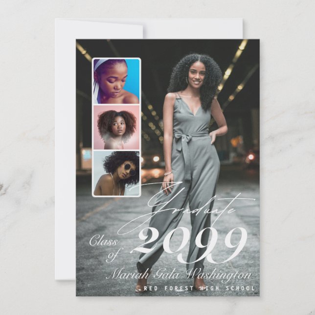 Trendy Script Overlay 4 Photo Collage Graduation Announcement (Front)