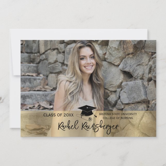 Trendy Script Overlay Three Photo Graduation Invitation (Front)