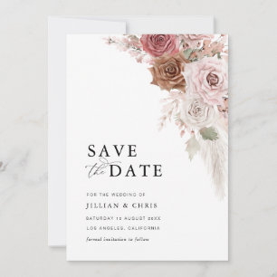 trendy script pampas dusty pink save the date card