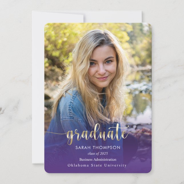 Trendy Script Purple Gold Photo Collage Graduation Announcement (Front)