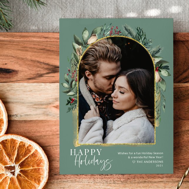 Trendy Script Sage Greenery Gold Arch Photo Holiday Card (Creator Uploaded)