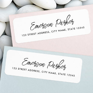 Trendy script white return address label
