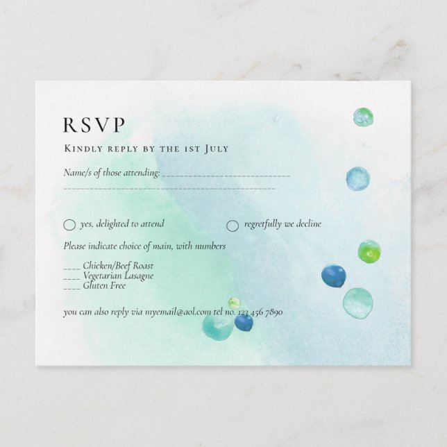 Trendy SEA GLASS Watercolor RSVP Menu Postcard (Front)