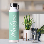 Trendy Seafoam Green Personalised Name Water Bottle<br><div class="desc">A chic seafoam green personalised monogram water bottle for a girl or guy who loves simple,  handwritten gifts. Beautiful white cursive script down the side of your bottle spelling out your name in elegant typography.</div>