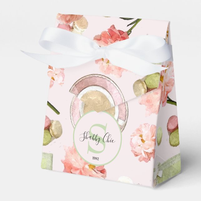 Trendy Shabby Chic Peonies and Macarons Set Favour Box (Front Side)