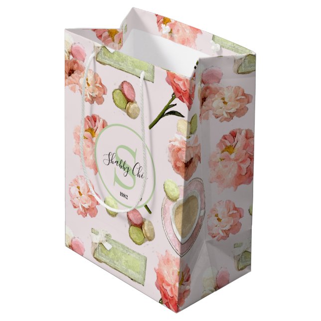 Trendy Shabby Chic Peonies and Macarons Set Medium Gift Bag (Back Angled)
