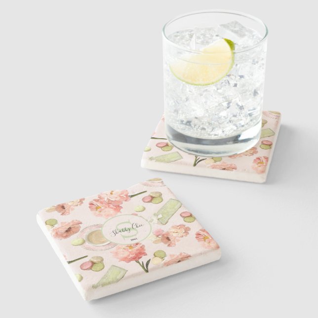 Trendy Shabby Chic Peonies and Macarons Set Stone Coaster (Side)