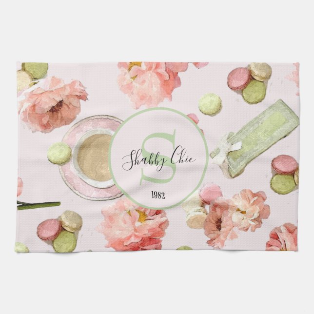 Trendy Shabby Chic Peonies and Macarons Set Tea Towel (Horizontal)
